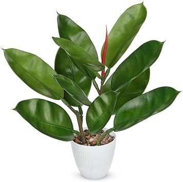 GnFlus Fake Plant Artificial Rubber Tree in White Pot Decor for Home Indoor Tabletop Centerpieces Living Room Bedroom Decoration