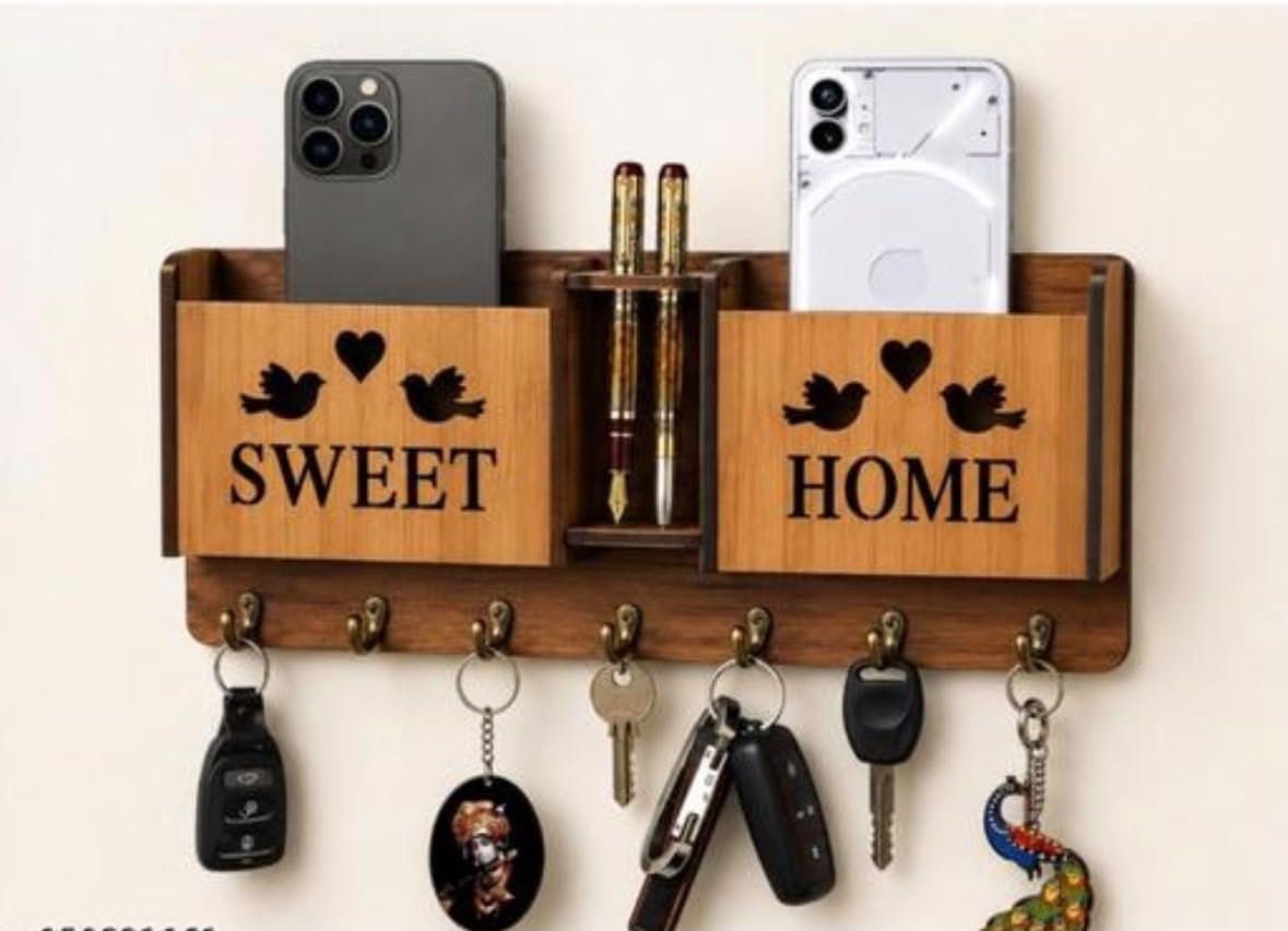 Wood Key Holder with 8 Hooks - Brown -2