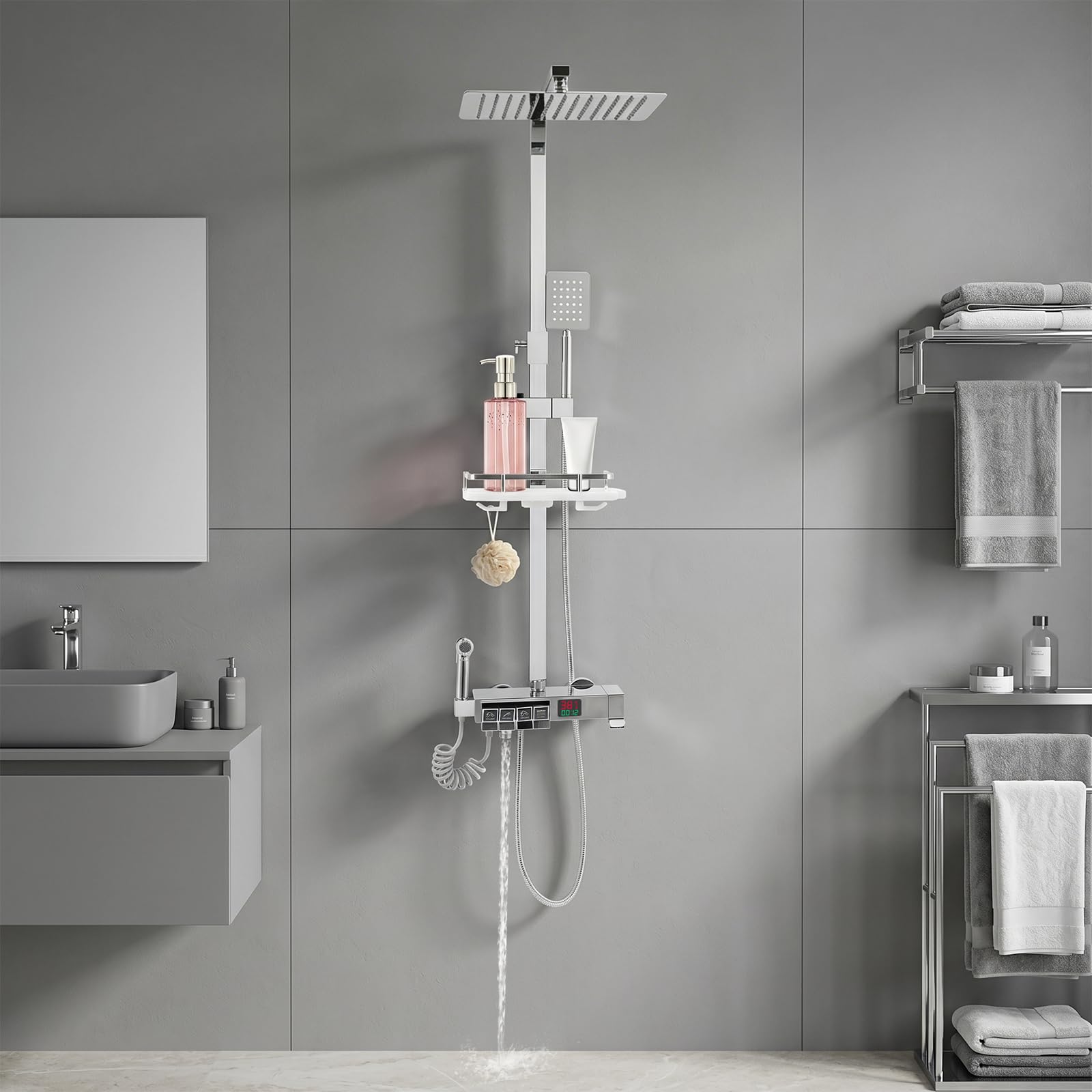 Sistema doccia a 4 uscite, indicatore della temperatura, doccetta a pioggia | Indicatore autoalimentante, termostato con blocco di sicurezza, modalità doccia versatili, soffione a pioggia regolabile in