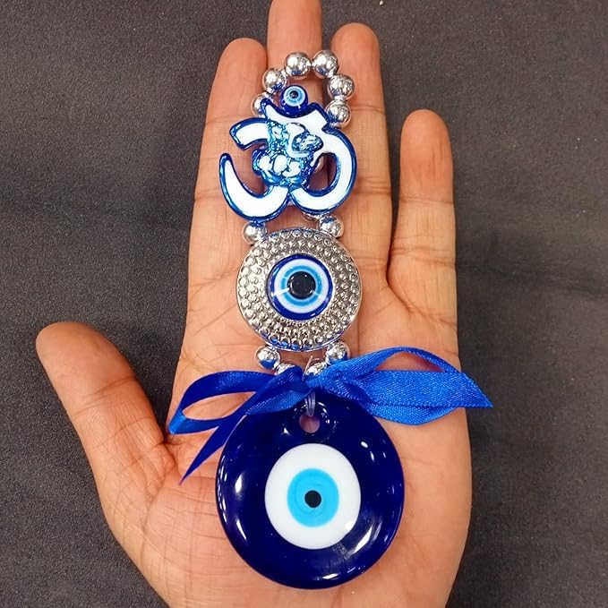 Image of Decorative Wind Chime for Home | Wooden House with Bells Colourful Beads | Positive Energy Balcony Living Room Hall Garden Home Decor (Om Evil Eye Wall Hanging)