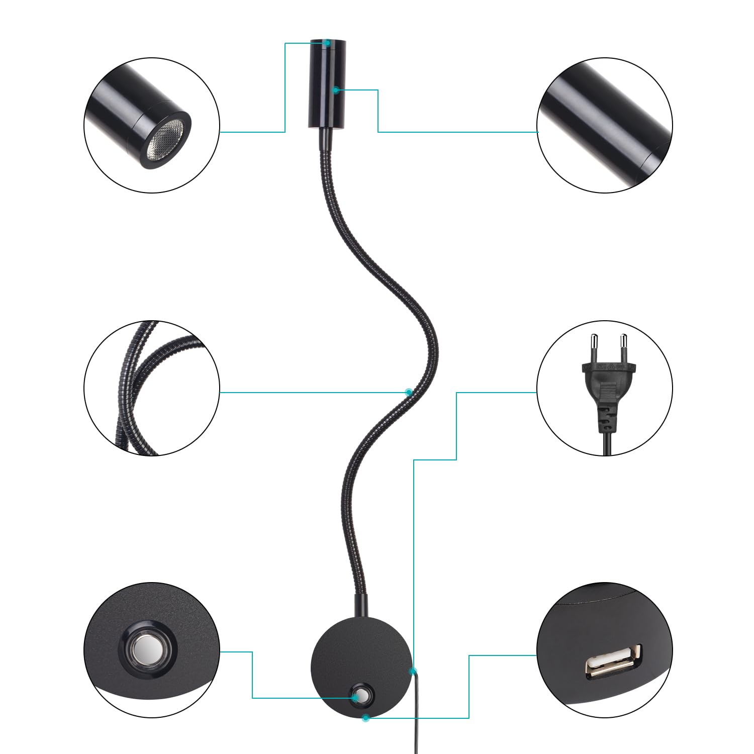ERWEY 2pcs Applique murale LED, liseuse de chevet avec interrupteur, port de charge USB, 3W liseuse de lit pivotante à 360° avec prise et câble pour chambre, 3000-6000K, Noir