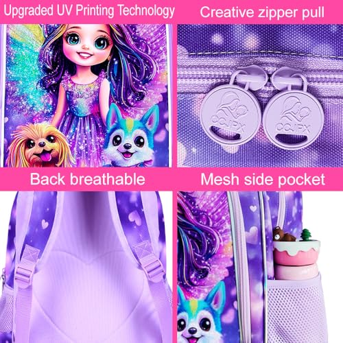 Image of 16 inch Dog Backpack for Girls, Kids Bookbag with Lunch Box, 3Pcs School Backpacks for Elementary Preschool Kindergarten (Purple)