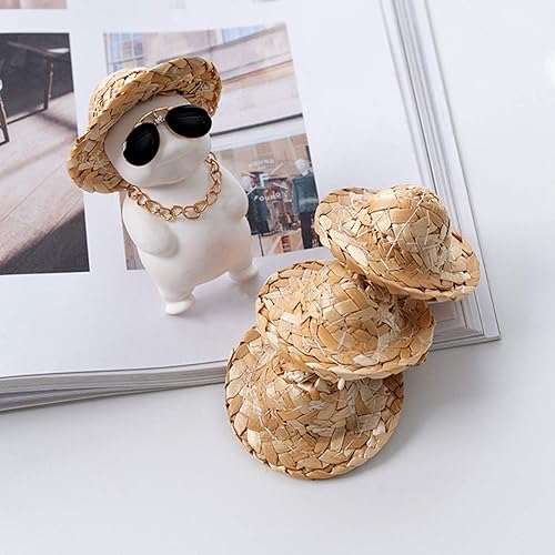Miniatura 9 de Toyvian Mini sombrero de paja para muñeca, 12 piezas hecho a mano, gorra tejida de material para bricolaje, sombrero de paja natural, mini sombrero