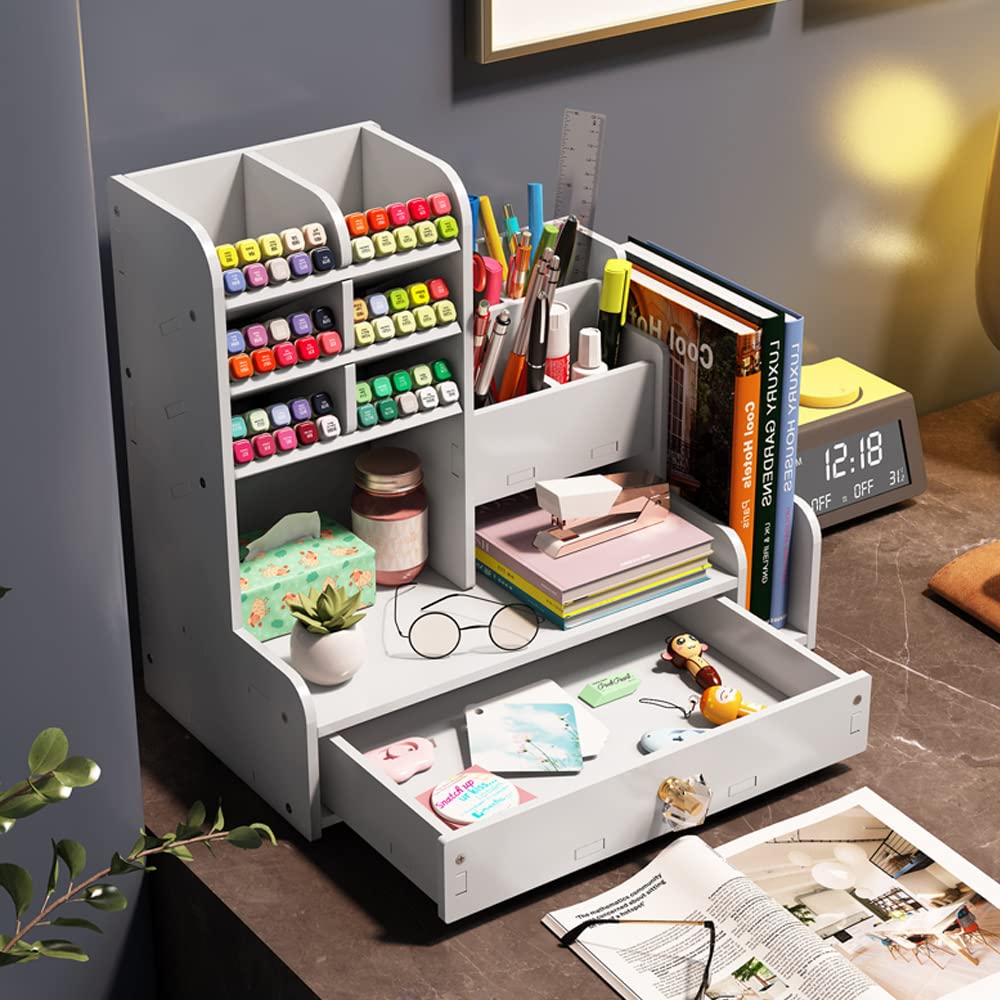 NUODWELL Organizador de escritorio con cajón, soporte para lápices y organizador de suministros de arte para el hogar, la oficina y la escuela, blanco