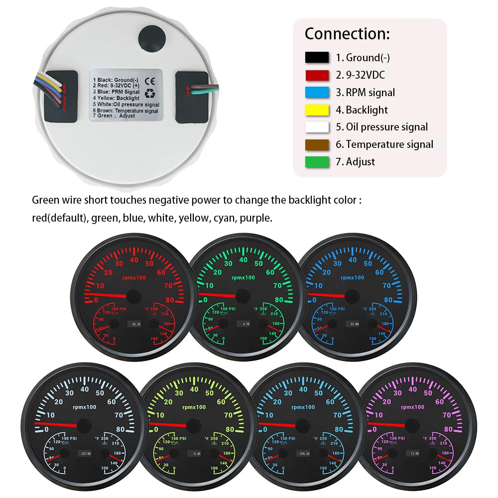 110mm Motor 3 in 1 Gauge RPM Tachometer REV Counter Hourmeter Oil Pressure 0-150PSI Water Temp 100-250°F with Adjustable Backlights 12V for Car Motorcycle Boat Yacht (Black&Black, 0-8000 RPM)
