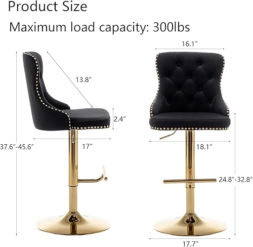 Miniatura 3 de Juego de 2 taburetes de bar giratorios de altura de mostrador con borde de botón y cabezas de clavos, sillas de bar de terciopelo dorado para isla