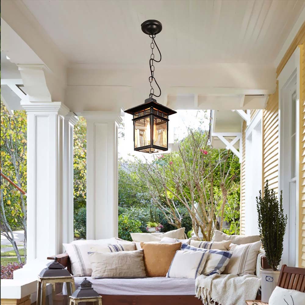 Deckenleuchte Hängelampe Aussen Pendelleuchte Schwarz Vintage Industrie E27 Innen Metall Hängeleuchte Wasserdichte IP23 Aluminium Glas Outdoor Retro Pendellampe Lampenschirm Laterne für Garten