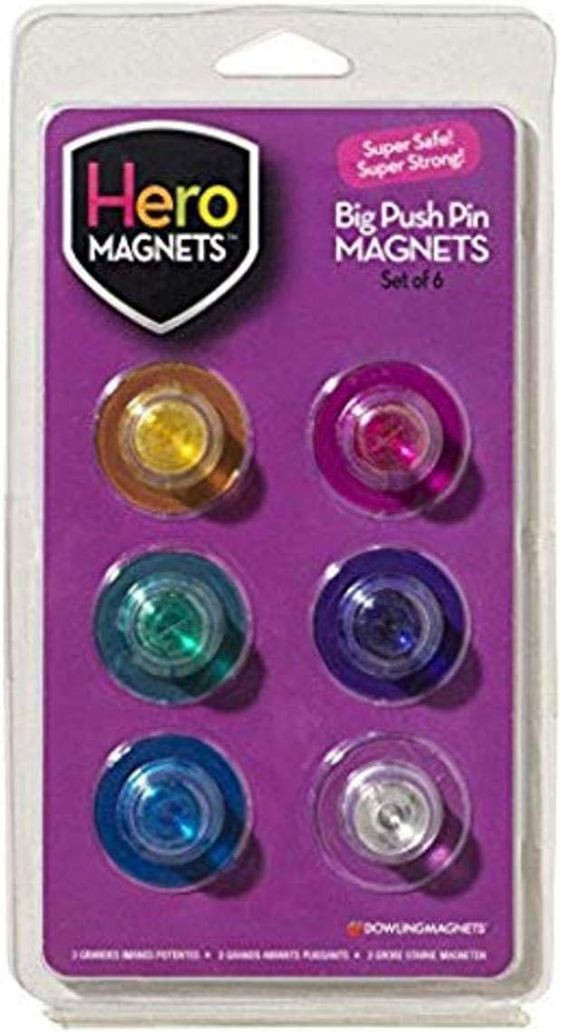 Dowling Magnets Big Push Pin Hero Magnets (Set of 6). Item 735019. Refrigerator Magnets/Classroom Organization/Teacher Supplies/Strong Magnets Heavy Duty/Whiteboard Magnets/Classroom Must Haves