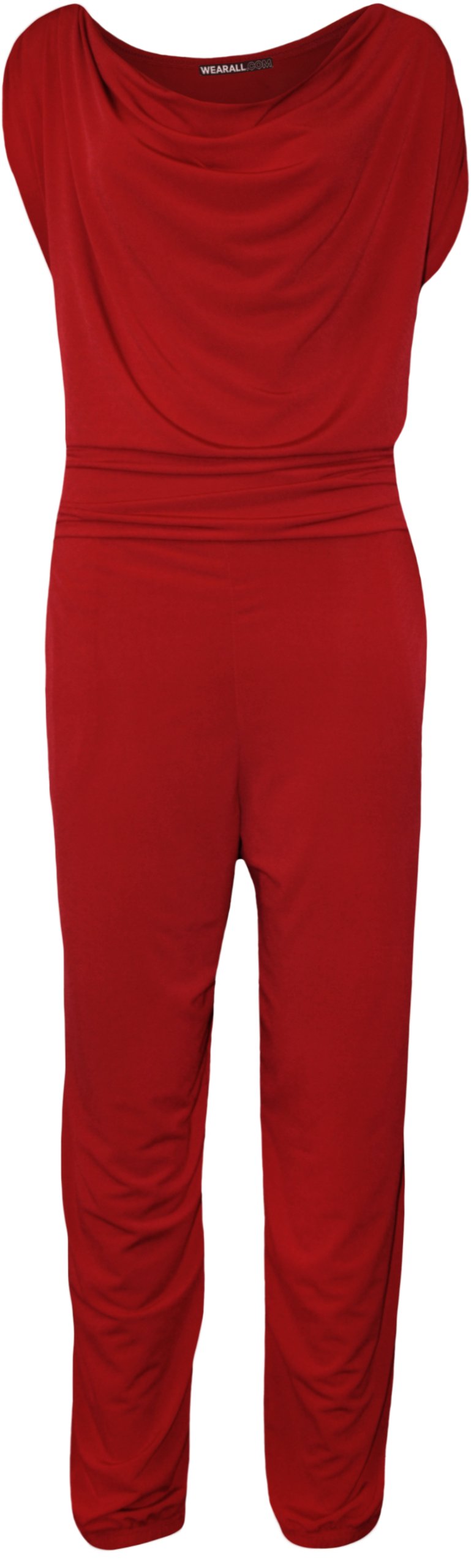WearAll Plus Size Womens Cowl Neck Pocket Belted Ladies Sleevelsss Jumpsuit - Red - 22-24