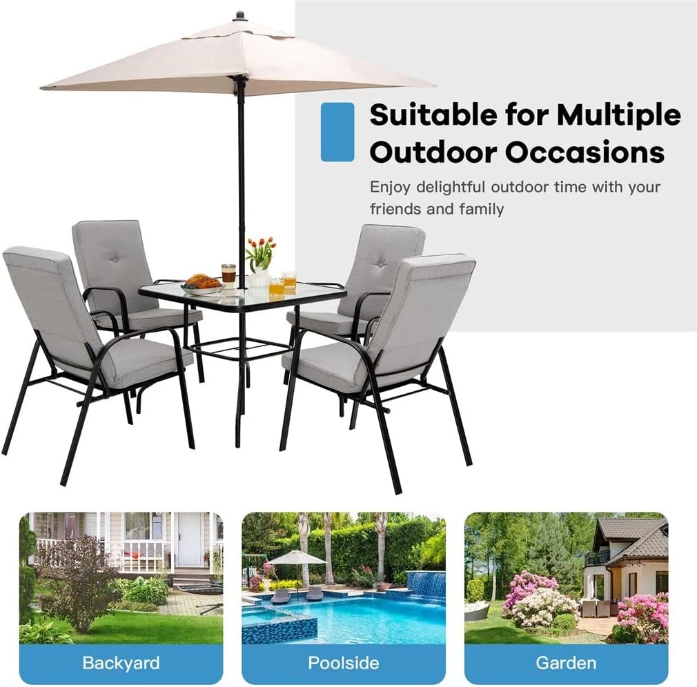 Set of 4 Stackable Patio Dining Chairs High Back Cushions