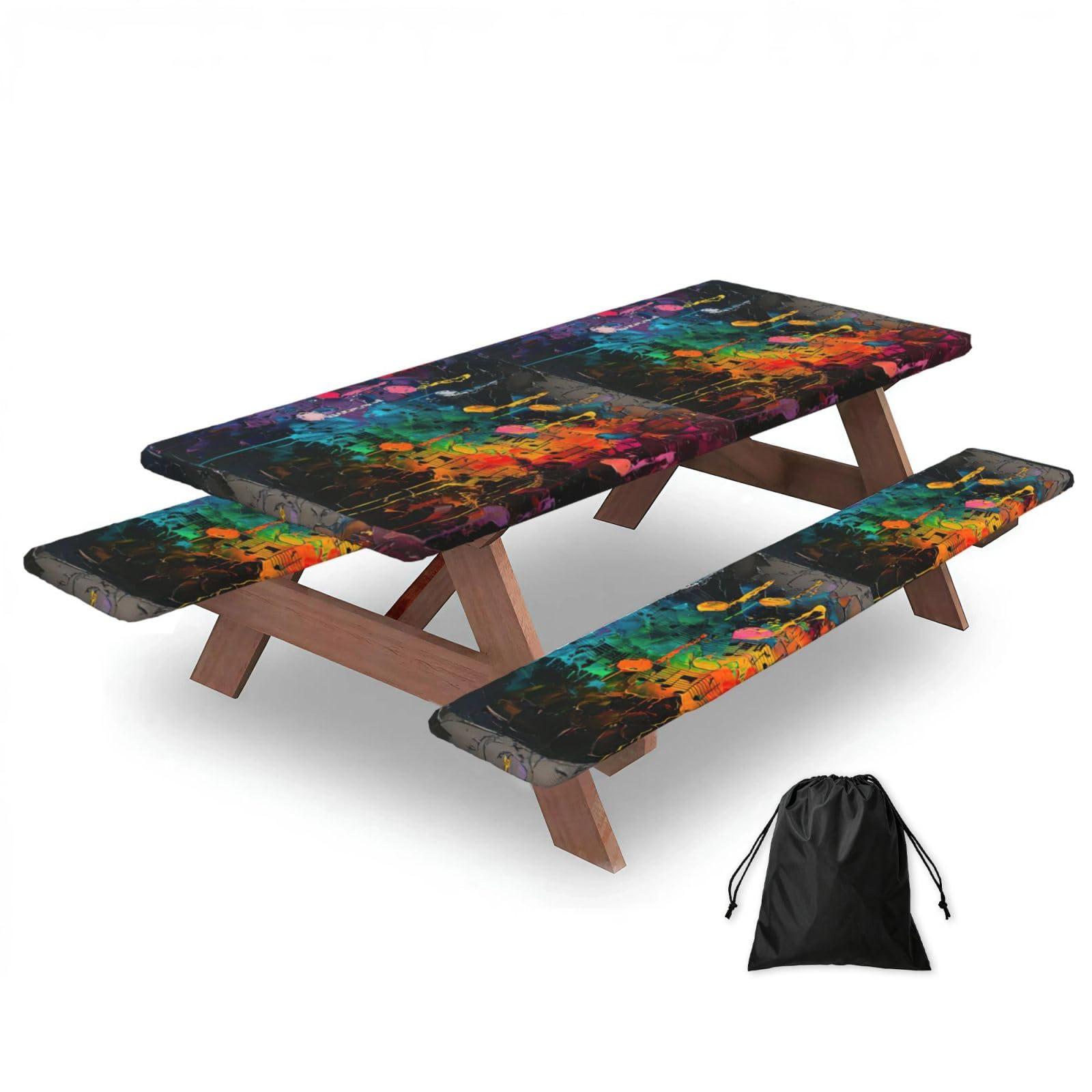 Zyjhyy Black Colorful Music Notes Print 3 Pack Wipeable Picnic Bench Cover And Table Cover Lightweight Table Cloth For Camping Outdoor