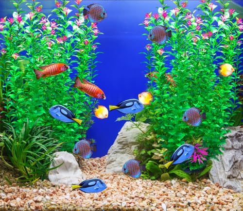 Image of 2 pcs Aquarium Decor Plants 21 Inches Extra Large Artificial Plastic Fish Tank Plants with Flowers, Tall Fish Tank Decoration for Betta Fish Tank