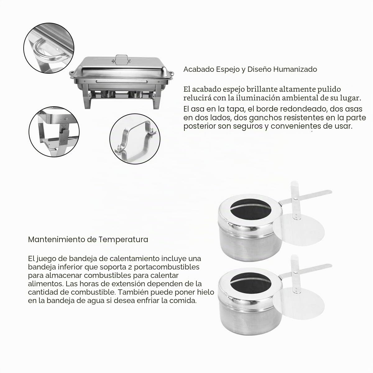 VONLUCE 4 Platos de Frotamiento 9L/8Q de Acero Inoxidable Calentador de Buffet Plegable Calentador de Comida con Bandeja de Agua, Bandeja de Comida y Tapa para Fiesta, Banquete, Bufé (4)