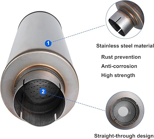 Miniatura 3 de Silenciador de escape de 4 pulgadas, entradasalida de 4 pulgadas, diseño recto universal de acero inoxidable de 30 pulgadas, silenciador resonador