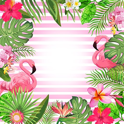 CSFOTO 8x8ft Tropical Flamingo Backdrop Pink and White Striped Birthday Party Background for Photography Tropical Summer Luau Celebration Photo Background