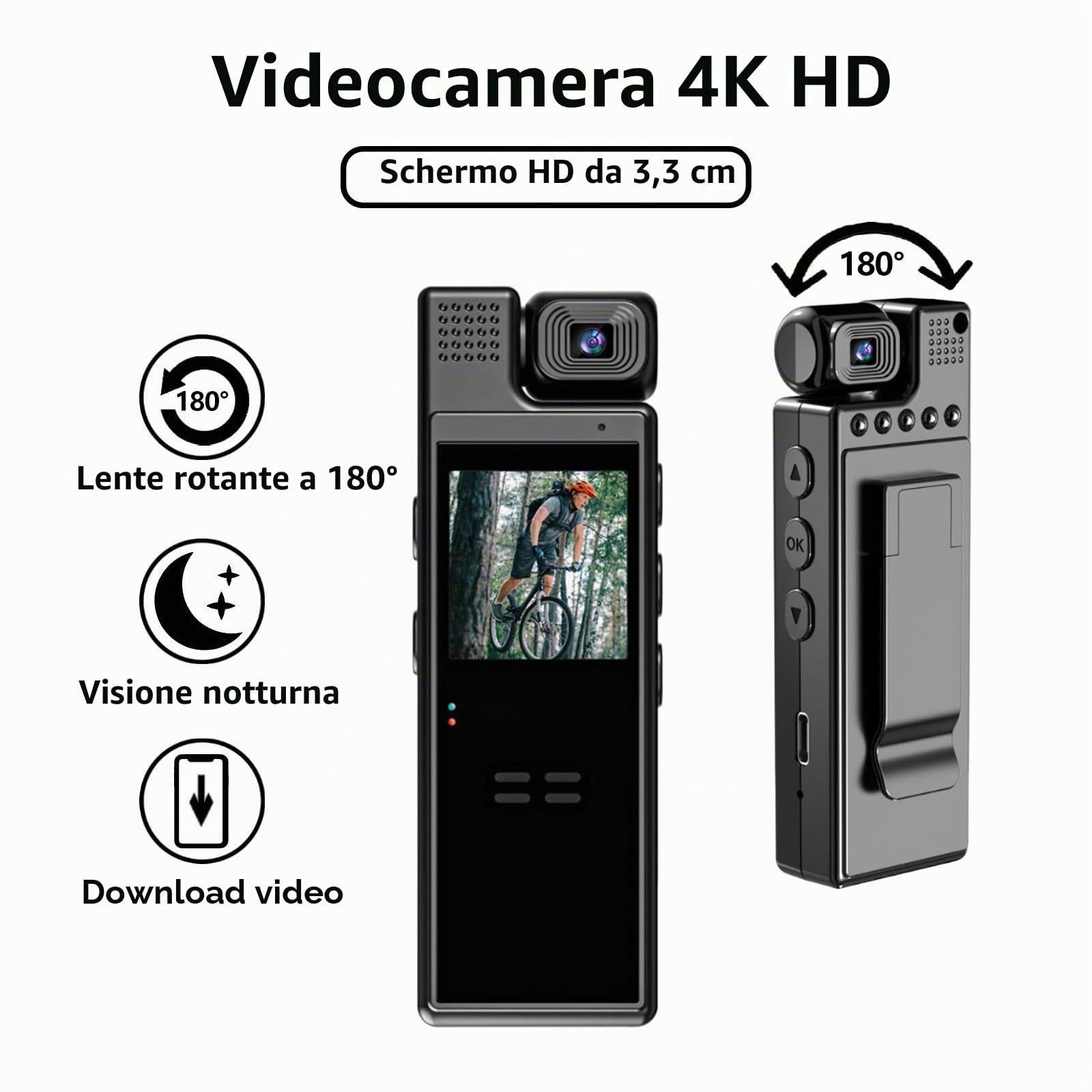 Videocamera 4K UHD con registrazione audio e video Obiettivo ruotabile a 180° Videocamera con durata della batteria di 6 ore con schermo TFT da 1,3 pollici Rilevamento di movimento