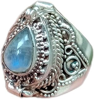 Natural Rainbow Moonstone Ring, Poison Box Ring, Tear-drop ~ Gemstone Ring, Moonstone Jewelry, June Birthstone Ring, Openable Poison Ring, Vintage Box Ring, Poison Ring, Healing Ring, Locket Ring, 925 Silver Plated, Blue Flash Ring, Handmade Gemstone Jewelry