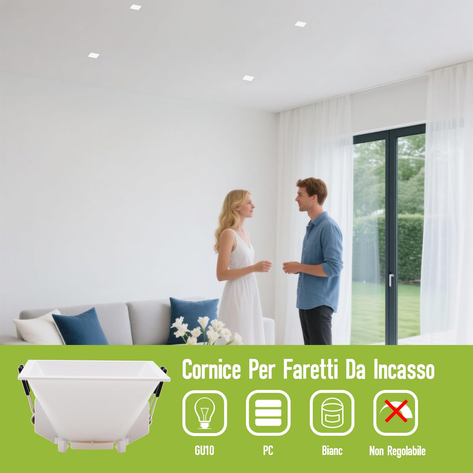 10 Pezzi Cornice Faretti LED Incasso GU10 Portafaretto Incasso Foro 83 x 83mm per LED e Alogeno Portalampade GU10 Quadrato Bianco PC Dimensioni: 93mm x 93mm x 55mm