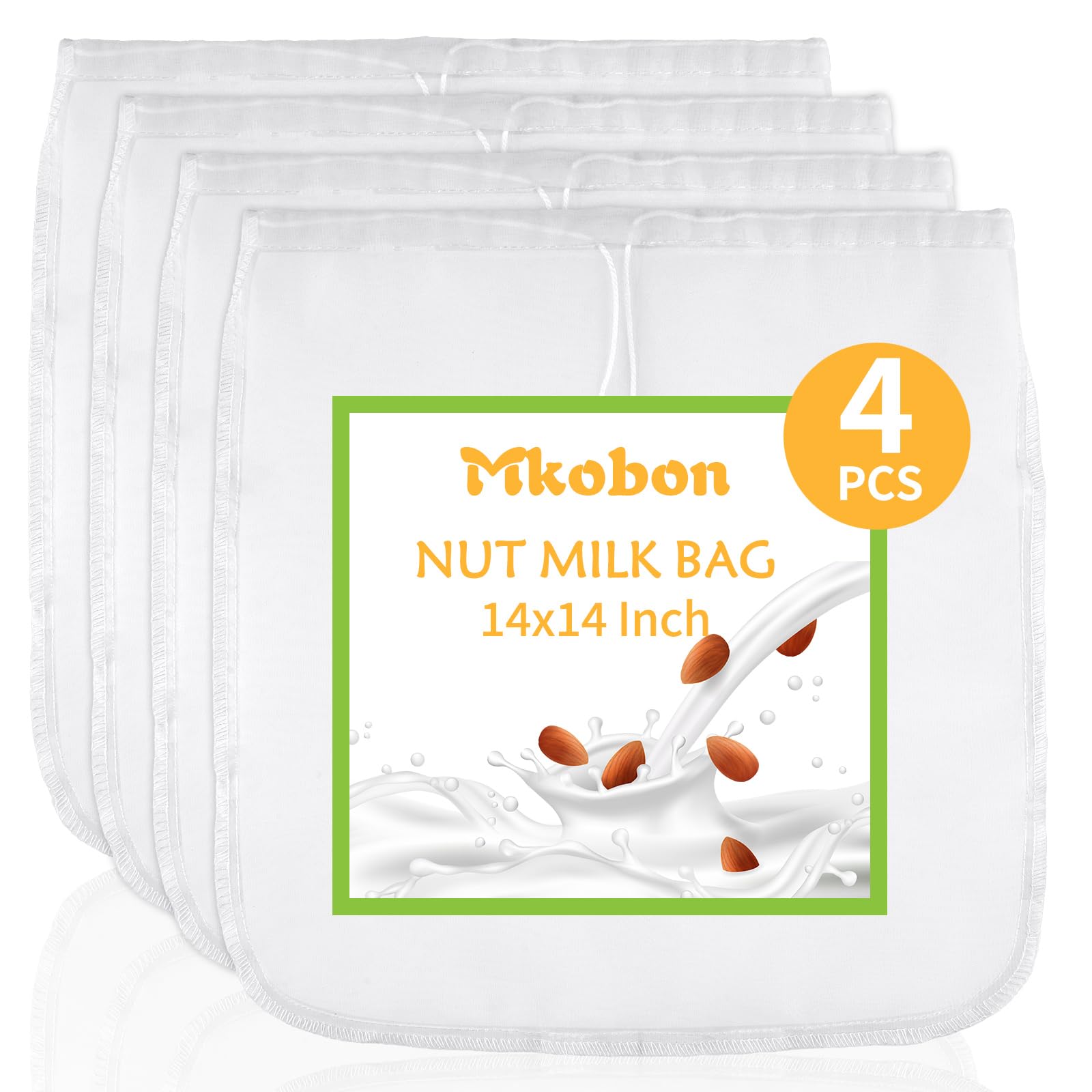 XXL 4 Pcs Food Grade Nut Milk Bag Reusable, Grade 100, 14" x 14" Nut Bag Strainer, Fine Mesh Nylon Cheese Cloth Bags for Straining Oat Almond Milk, Greek Yogurt, Juice, Cold Brew Coffee, Beer Tea