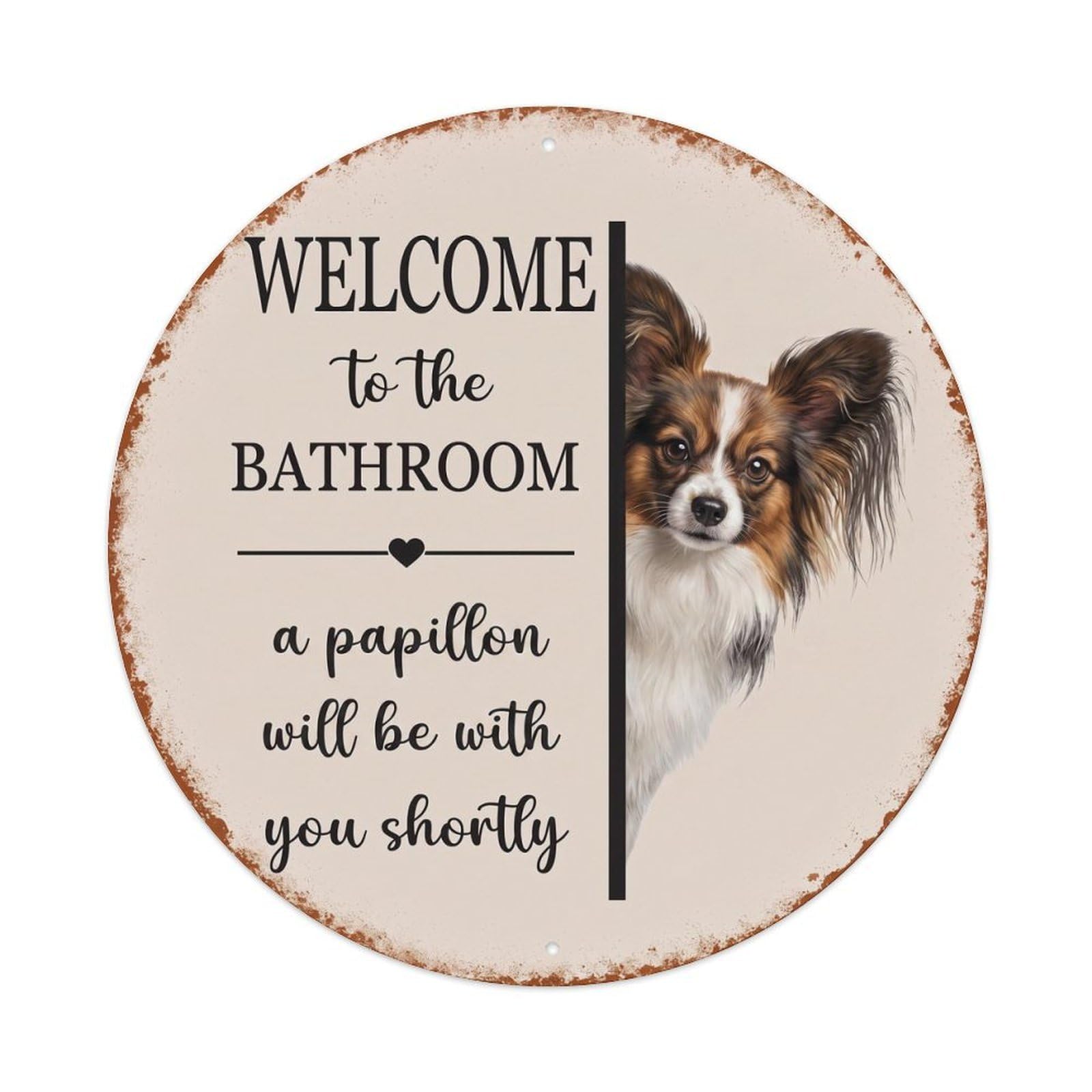 Vintage WELCOME To The BATHROOM Papillon Dog Metal Tin Sign