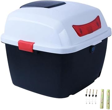 LIVRER 28L Motorcycle Top Box, Universal Scooter Tour Tail Box Top Case, Waterproof Motorbike Plastic Trunk with Night Warning Light and Mounting Hardware, Can Store Helmets,White