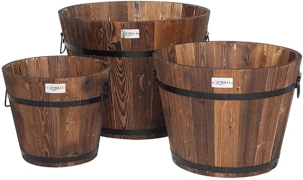VINGLI 3 PCS Large Wooden Planter Barrel Set, 11.5"Dia- 18"Dia Real Wood Indoor/Outdoor Flower Pot w/Drainage Holes, Different Sizes, Large Garden Container Box