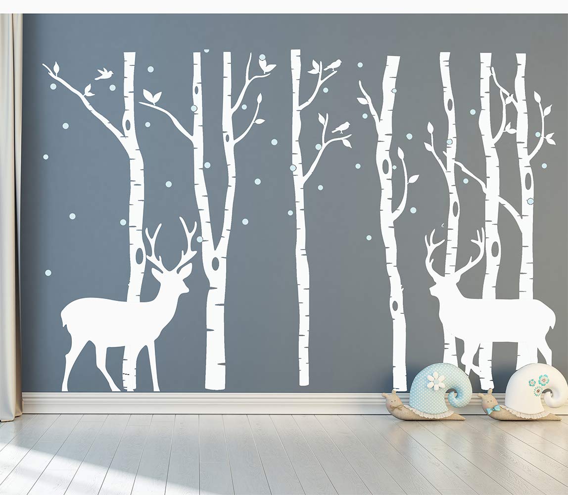 Birch Tree Deer Wall Decal Nursery Forest Removable Birch Trees Vinyl Sticker for Kids Bedroom Decor Nursery Bedroom (White+White)