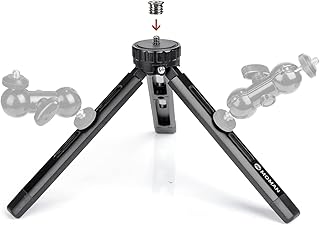 Mini Camera Tripod, Moman Tabletop Travel Tripod Desktop TR01S with 1/4 and 3/8 Screw Mount and Function Leg CNC Aluminum Design for Camcorder Gimbal Stabilizers Max Payload of 5Kg, Black