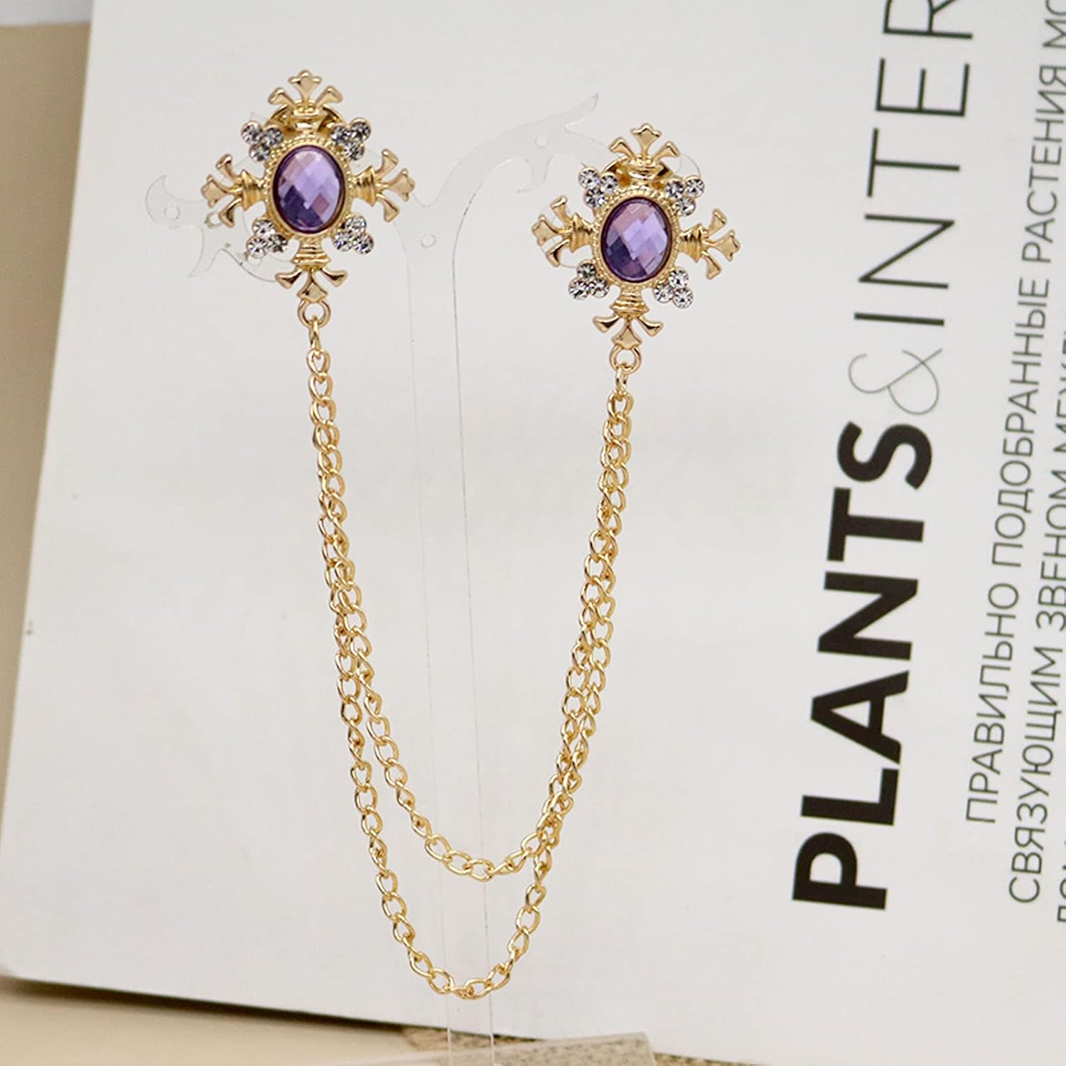 Elegant Cross With Hanging Chain Brooch Gold Silver Plated Oval Crystal Rhinestone Corsage Tassel Chain Suit Jacket Brooch Pin for Men Husband Gifts