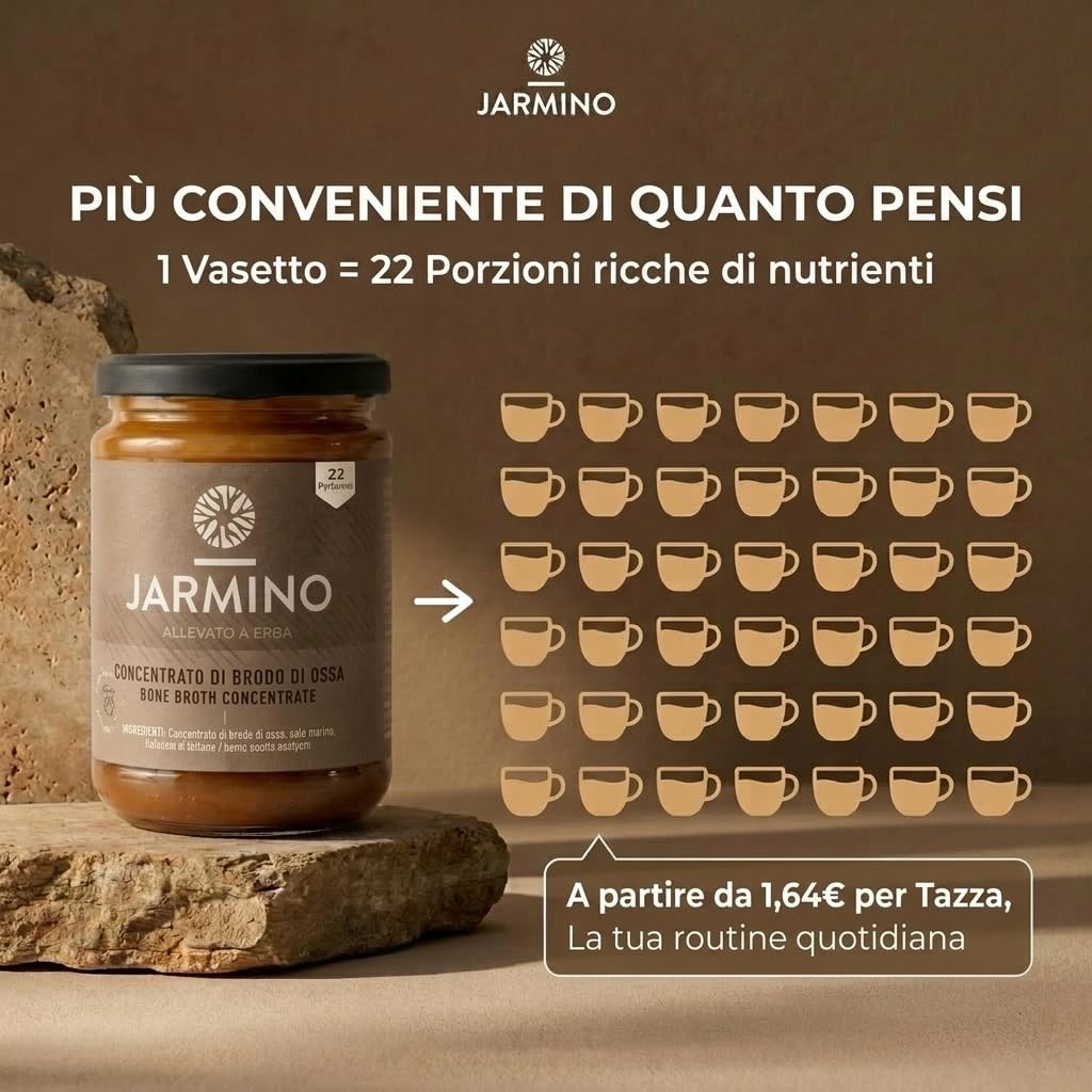 JARMINO Brodo di Ossa Biologico Concentrato, Bone Broth di Manzo da Allevamento al Pascolo e Nutrito a Erba, Brodo Liquido con Collagene Tipi 1 2 3, Keto Paleo AIP, 220 g, 22 Porzioni