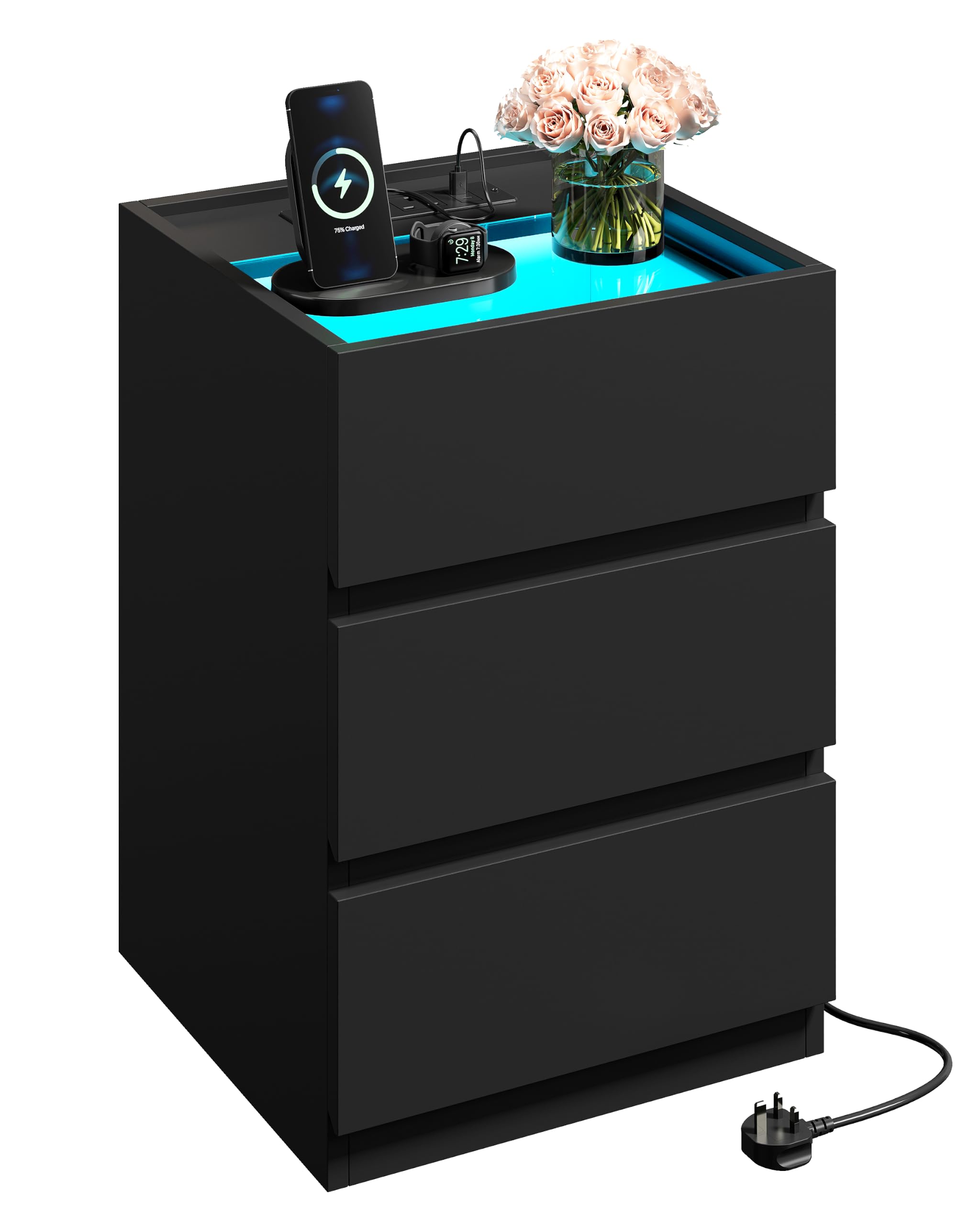 IRONCK Bedside Table Glass Top Bedside Cabinet with LED & Charging Station