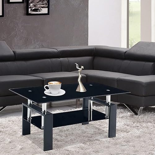 Miniatura 9 de Mesa de centro rectangular de cristal, moderna mesa de centro lateral con estante inferior, patas de madera para muebles de sala de estar (negro)