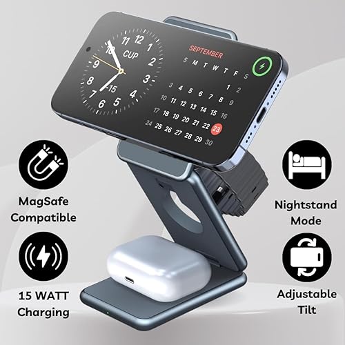 Miniatura 2 de Cargador inalámbrico 3 en 1 para mesita de noche compatible con iPhone, AirPod y Apple Watch Ultra - Cargador inalámbrico rápido compatible con