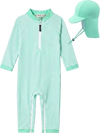 weVSwe Newborn UPF 50+ Baby Boy Swimsuit Toddler Rash Guard Long Sleeve Sun Protection Swimwear with Sun Hat Set 0-3 Years