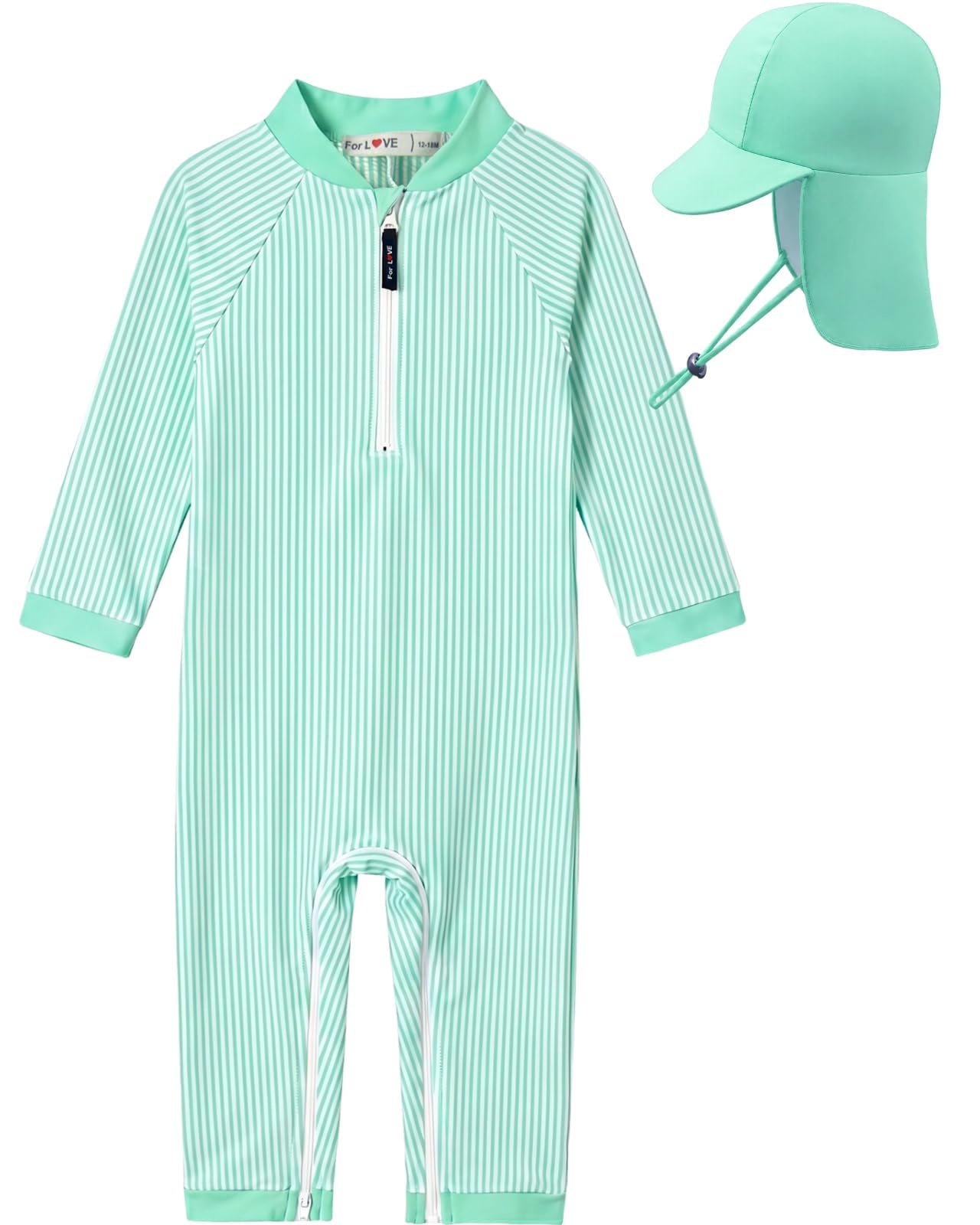 Photo 1 of ***ZIPPER BROKEN***weVSwe Baby Boy Bathing Suit One Piece UV Protection Rash Guard Infant Boy Swimsuit Adjustable Sun Hat Light Green Stripe Newborn 6-12 Months