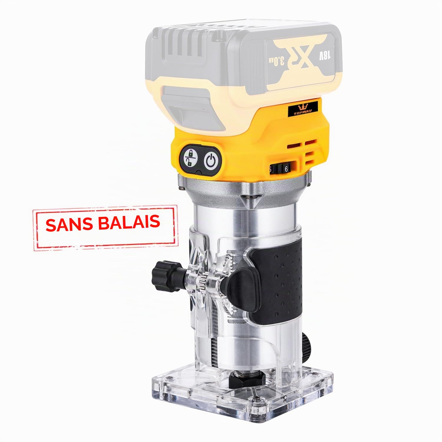 TOPWAY Défonceuse à bois portative sans fil 18 V – Compatible avec la batterie DeWa DCB184, vitesse variable, 3 pinces (1/4 po, 6 mm, 8 mm), base de coupe, sans batterie 102775