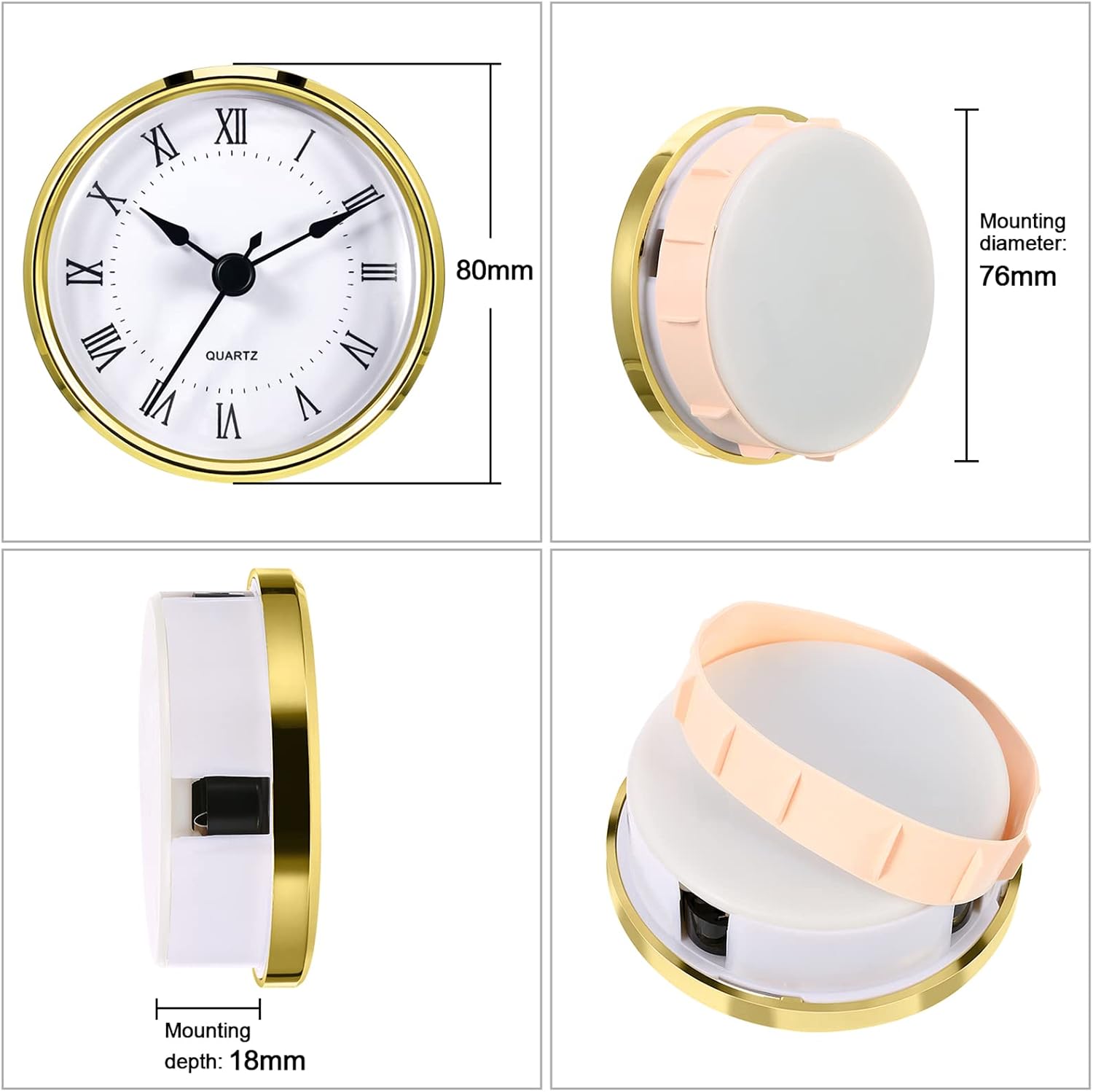 Hicarer Round Clock Insert 3-1/8 Inch (80 mm) Quartz Movement Roman Numeral Gold Trim (Gold Trim)