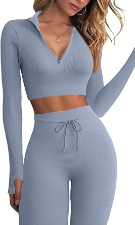 QINSEN Workout Sets for Women 2 Piece Seamless Long Sleeve Crop Tops Ribbed High Waist Leggings