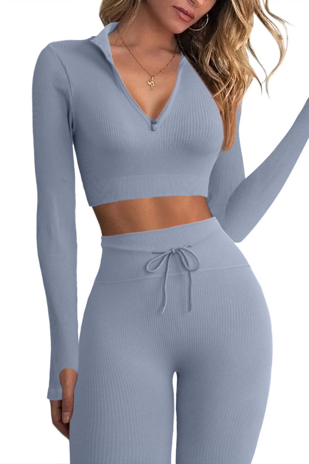 QINSEN Workout Sets for Women 2 Piece Seamless Long Sleeve Crop Tops Ribbed High Waist Leggings