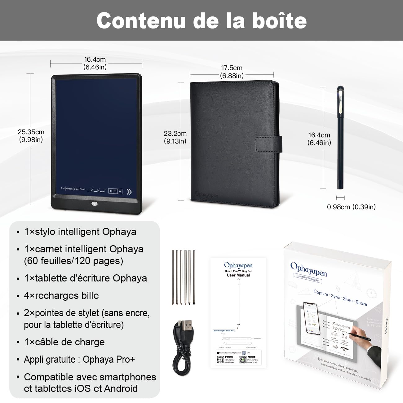 Ophayapen Stylo Intelligent – Kit d’Écriture Connecté avec Synchronisation Mobile, OCR, Notes Audio, Compatible iOS & Android