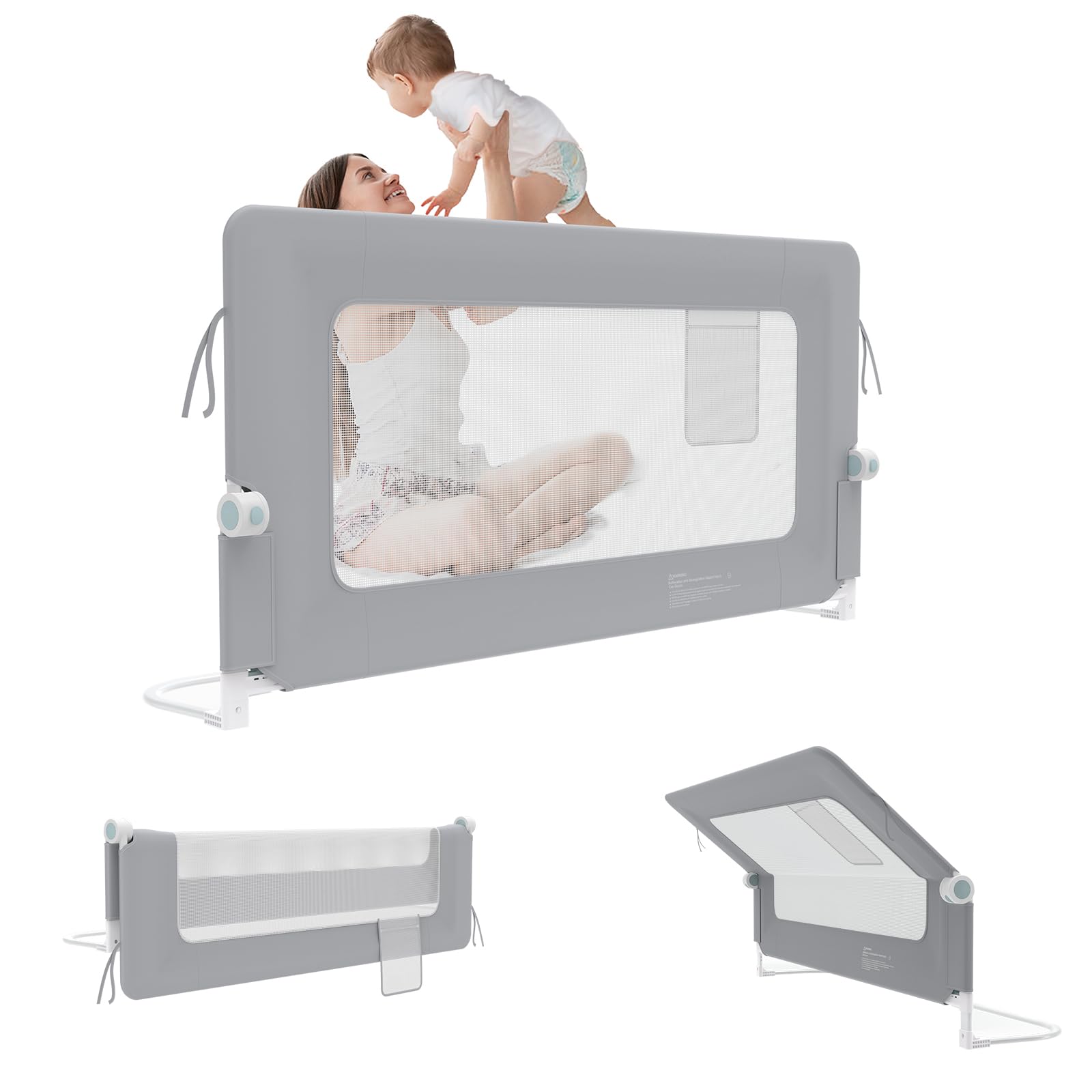 UISEBRT Griglia di protezione del letto, 200 cm, pieghevole, per bambini, protezione dalle cadute, altezza regolabile per lettino, traspirante, con custodia, colore: grigio