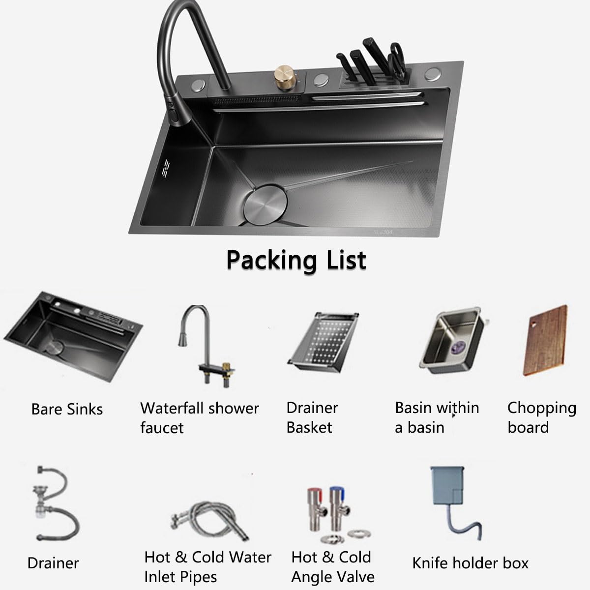 Evier Cuisine, Évier Cascade sous Plan en INOX 304 Noir Autoportant, Evier Simple Multifonction avec Panier Vidange et Robinet pour Bar Cuisine de Préparation de Poste Travail(80 * 46cm)