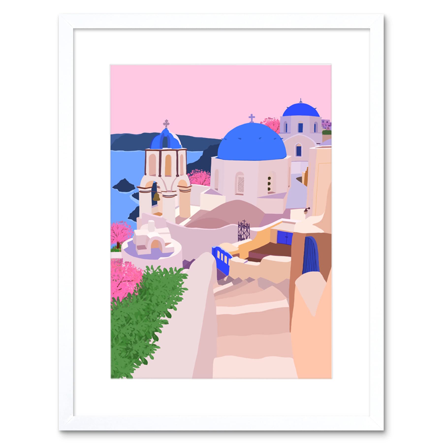 Wee Blue Coo Framed White 9X7 Santorini Greece Buildings Illustration Artwork Framed Wall Art Print 9X7 Inch