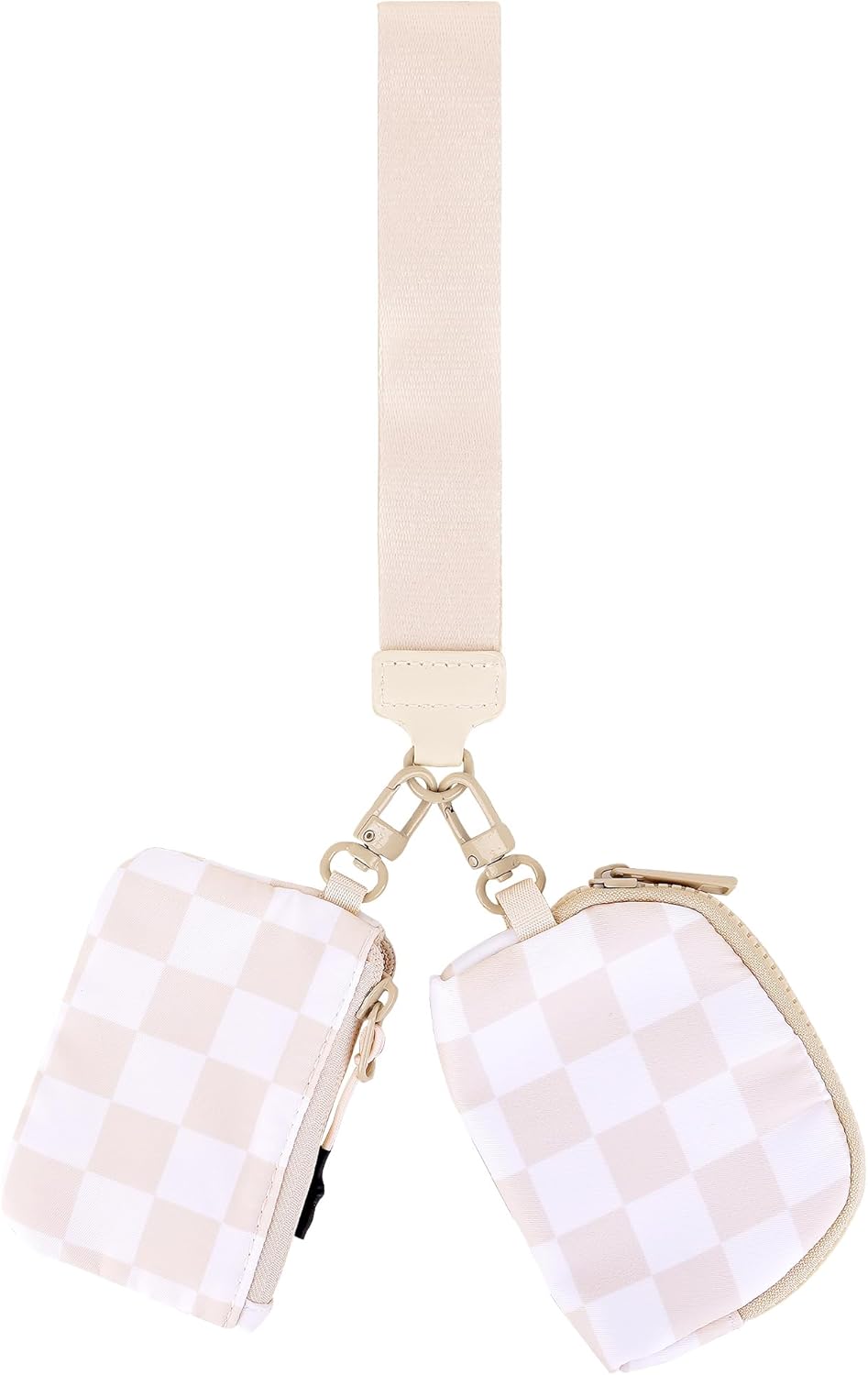 BUNCHBRAVO Wrist Keychain Mini Wallet for Women, Checkered Zip Around Wristlet Wallet, Detachable Dual Coin Purse, Beige and White Plaid