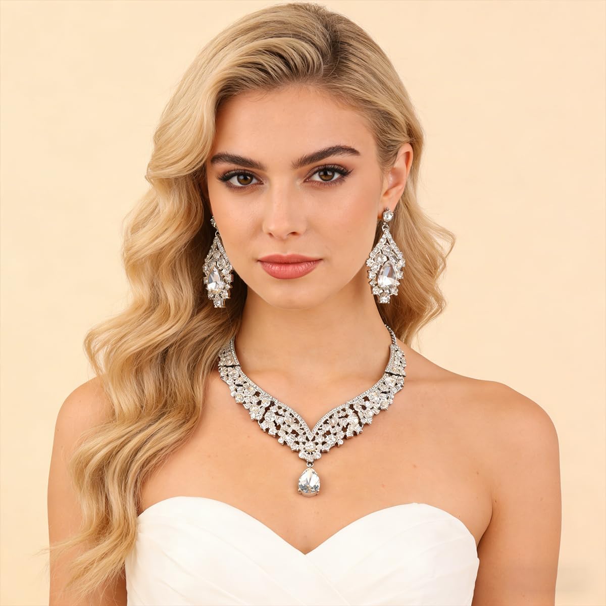 Crystal Necklace Earrings Sets for Women Teardrop Rhinestone Costume Accessories Statement Wedding Prom Jewelry Set image 4