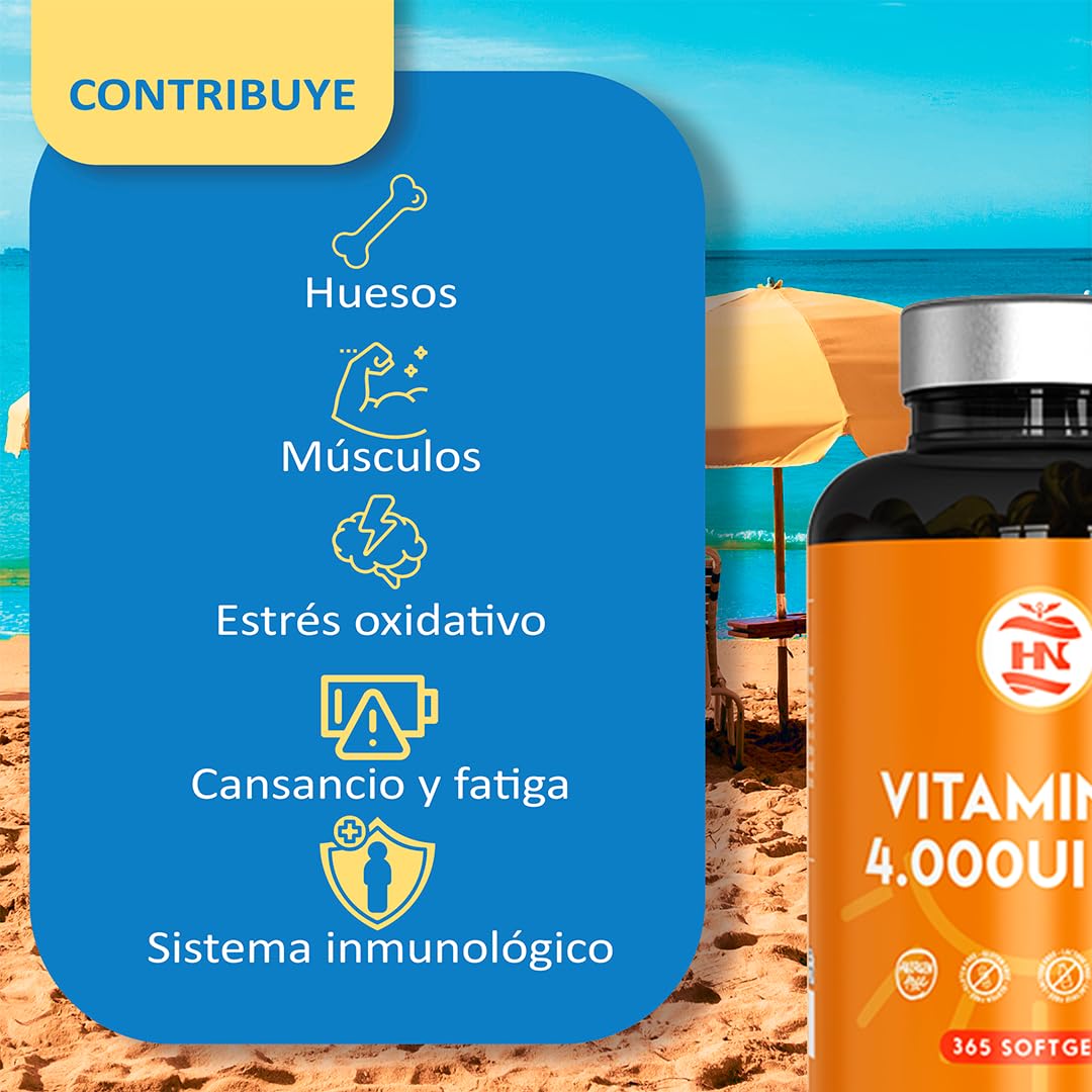 Vitamina D - 365 Cápsulas de vitamina D3 K2 – Vitamina D (4000 UI) altamente concentrada. Favorece la función inmunológica y ósea - 365 cápsulas