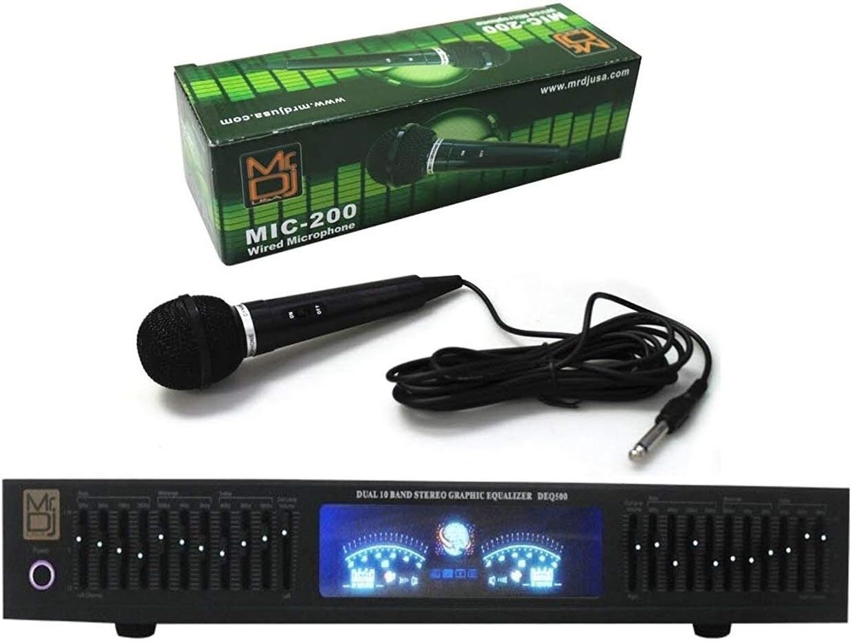 Mr. Dj DEQ500 Dual Band Stereo Graphic Equalizer with 10 Band EQ Blue LEDs and Dual Vu Meters Level Monitor with Mr. Dj MIC200