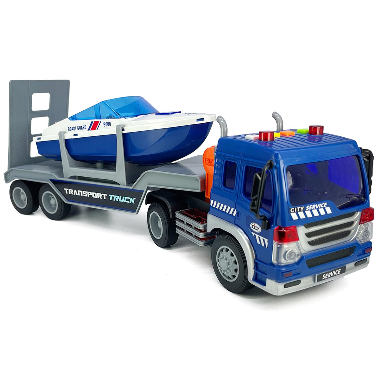 Camión grande de juguete de cama plana con remolque, lancha rápida, semirremolque, barco de transporte de cama plana, juego 2 en 1, sonido ligero, camiones de juguete para niños de 3, 4, 5, 6, 7 años, 7
