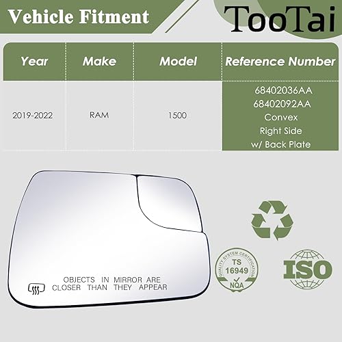 Miniatura 2 de Tootai Cristal de espejo lateral del pasajero compatible con RAM 1500 2019-2022, calentado sin detección de punto ciego, sin atenuación automática,