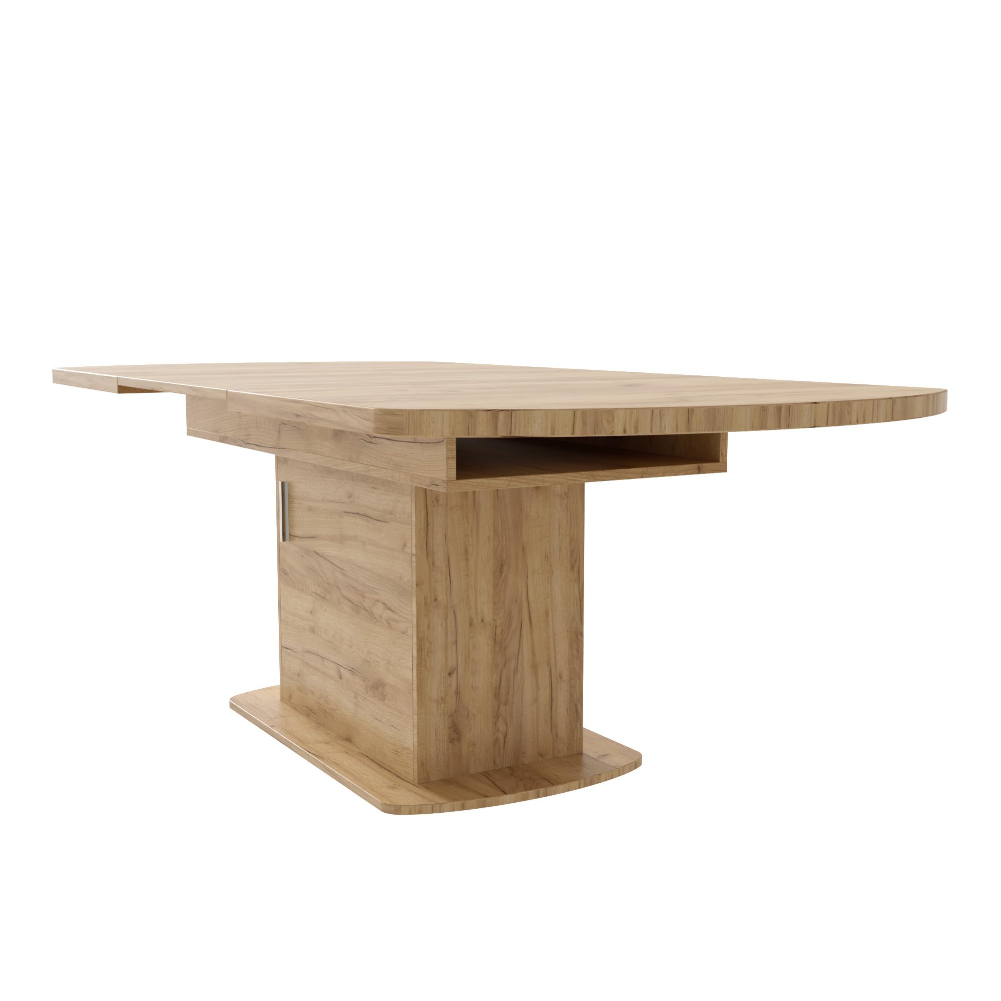 Moimhear Mesa de comedor ovalada extensible, 140/200 x 80 x 75 cm, con espacio de almacenamiento, mesa de café, mesa de comedor que ahorra espacio, con mango plateado (color roble)